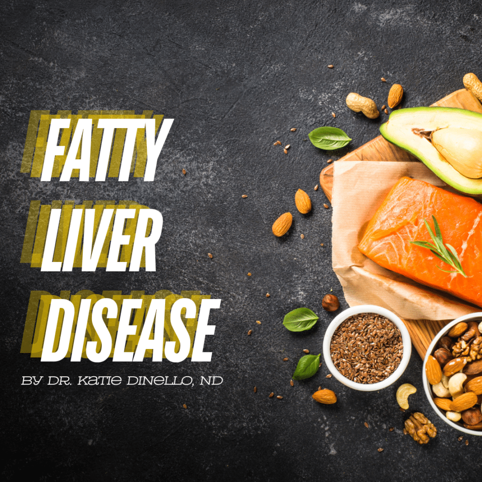 Fatty Liver Disease text with Mediterranean diet foods